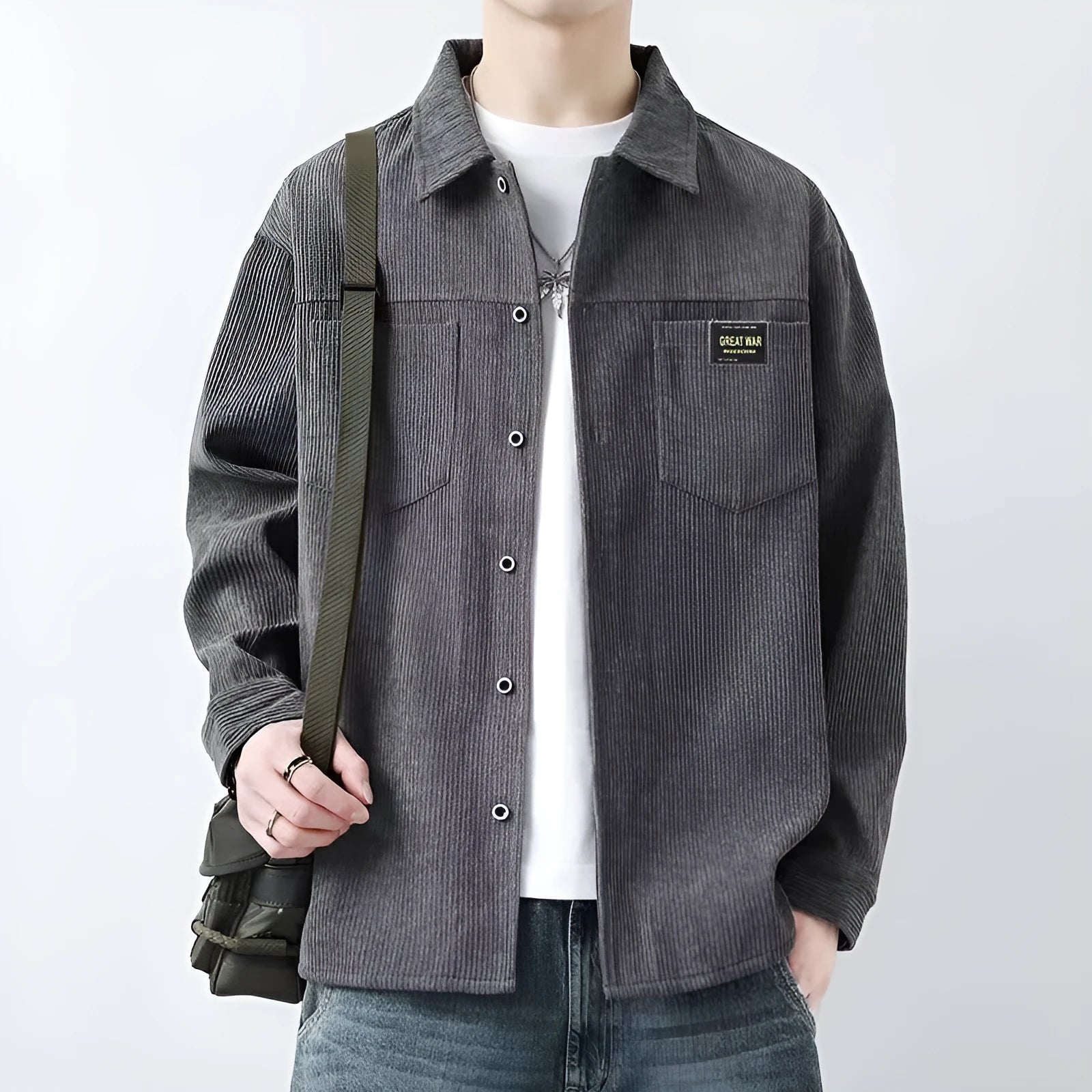 Men's casual corduroy jacket in cardigan style with long sleeves showing colour options