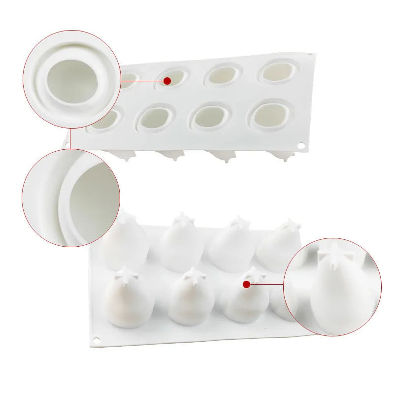 A green silicone baking mould with six cavities shaped like pineapples and pine cones.