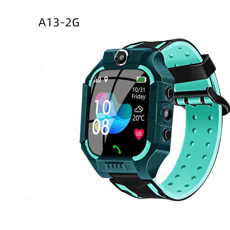 Children's smart phone watch with positioning and waterproof design in blue colour showing touch screen and wrist strap