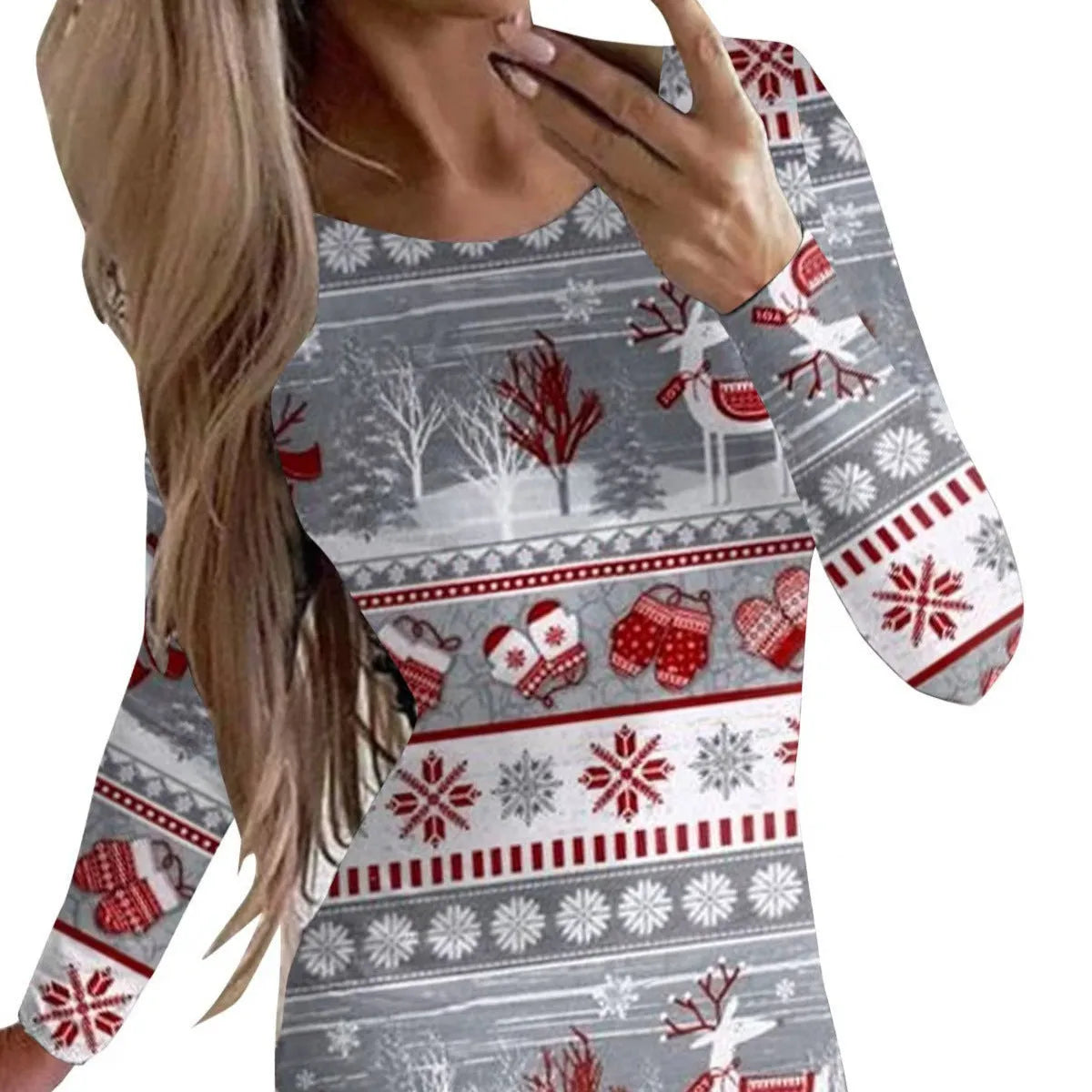 Christmas printed slim-fit dress with animal patterns and long sleeves in floral colour variant
