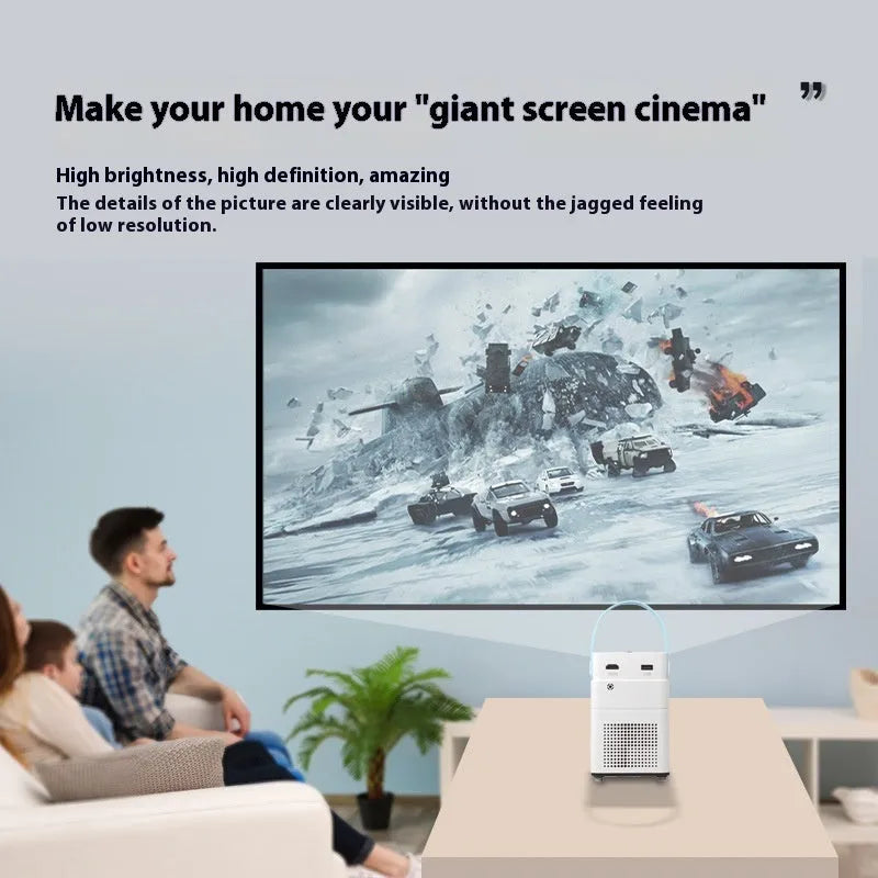 Smart Android HD projector with remote control showing 1280x800 resolution and 380 lumens specifications