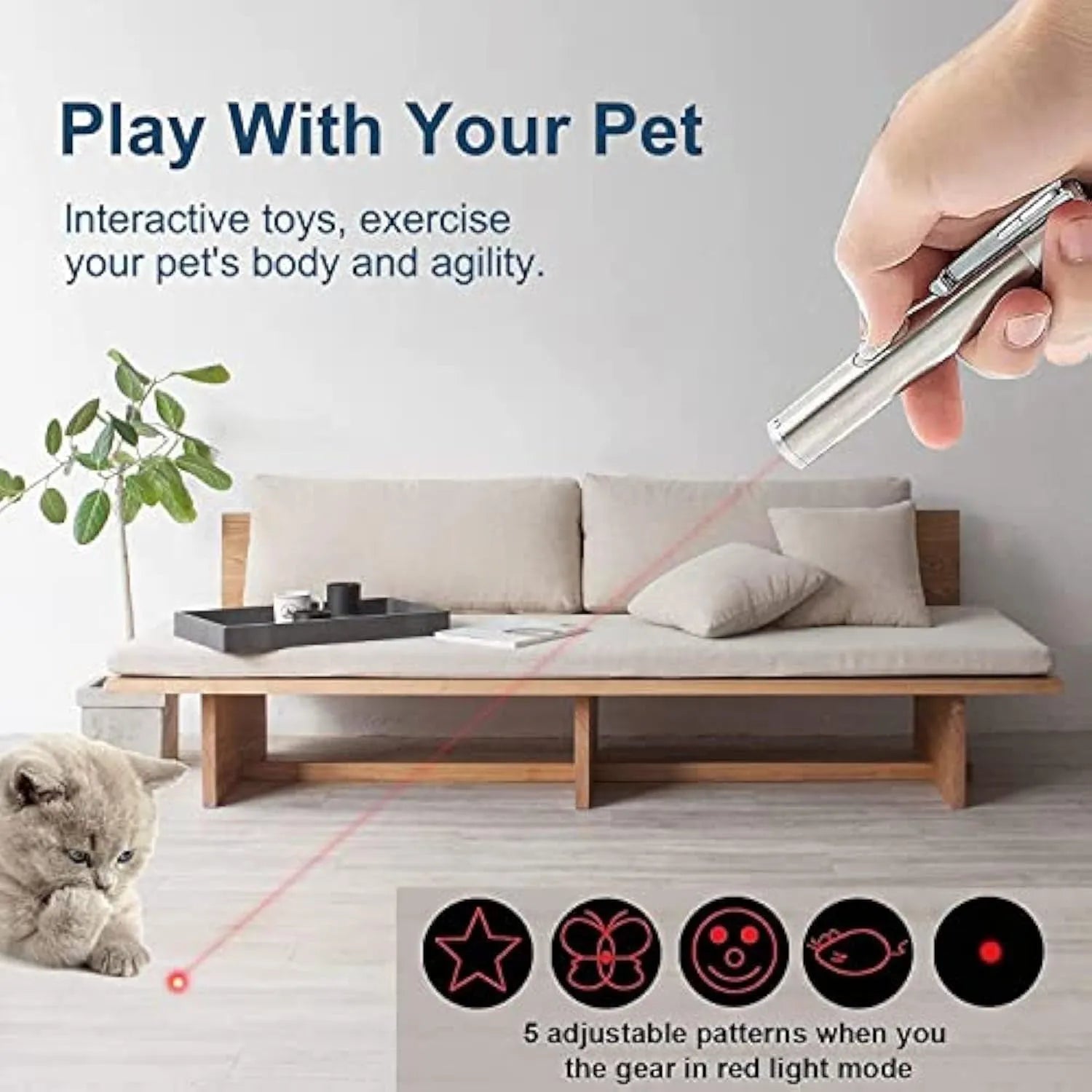 Silver aluminium cat toy pointer wand showing laser projection patterns
