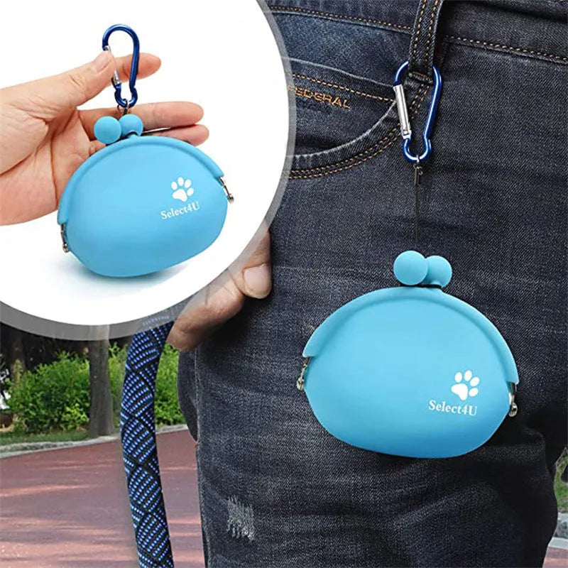 Silicone dog training treat waist pouch in assorted colours showing hook-and-loop closure