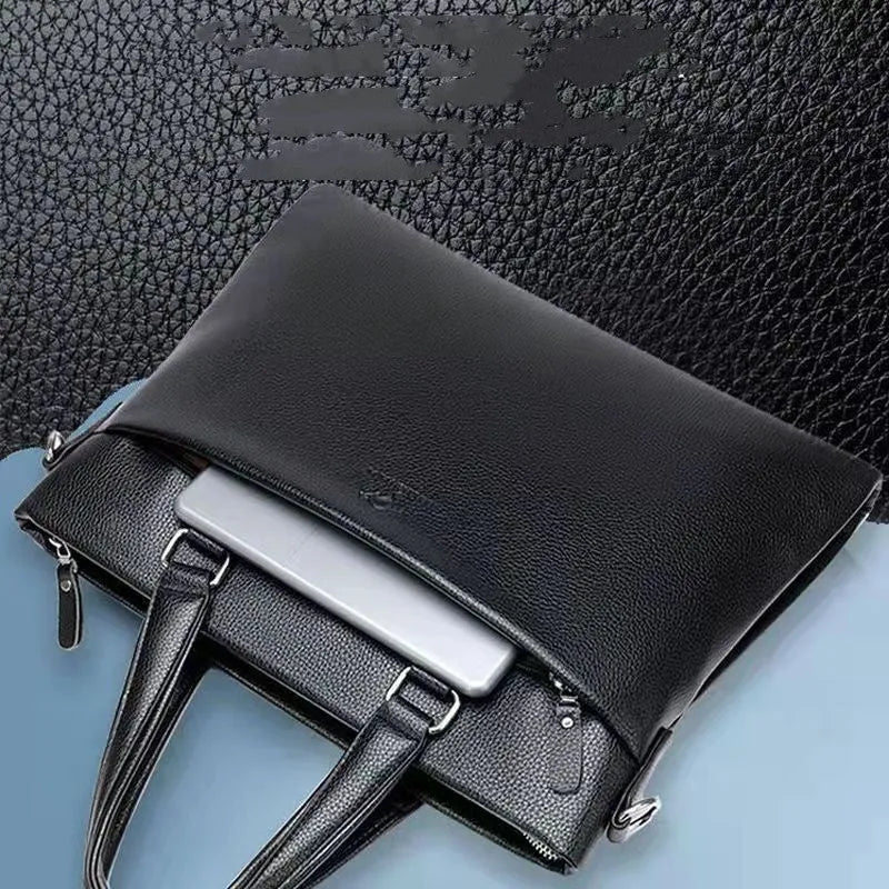 Men's black PU leather messenger bag with crossbody strap showing 35x30x4cm dimensions