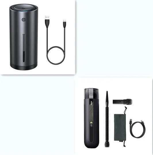 Baseus handheld cordless car vacuum cleaner in black, white, or green with blowing hose accessory.