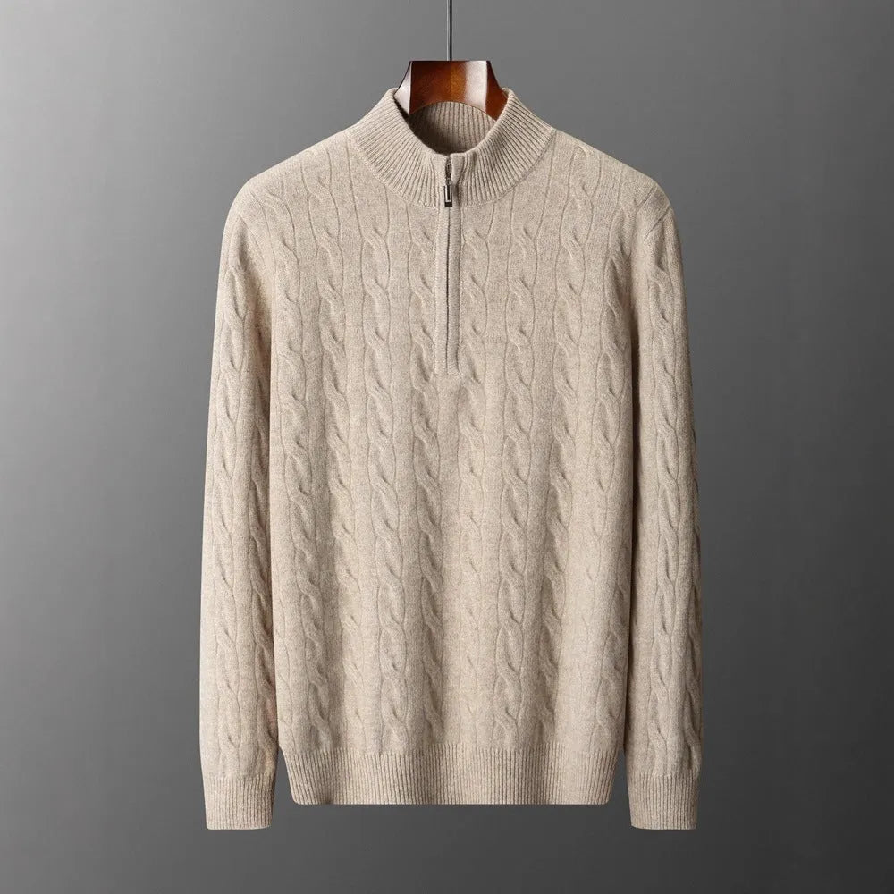 Jacquard double-strand thickened long-sleeved sweater in light camel, loose fit for women