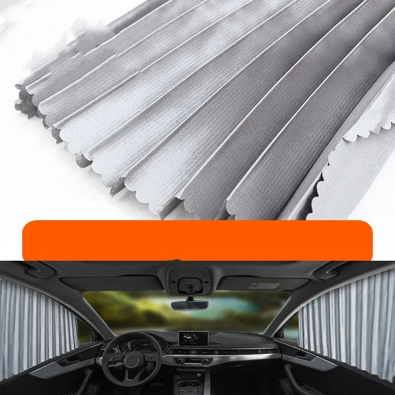 Auto retractable car sun curtain with roller shutter mechanism in black colour extended over vehicle window