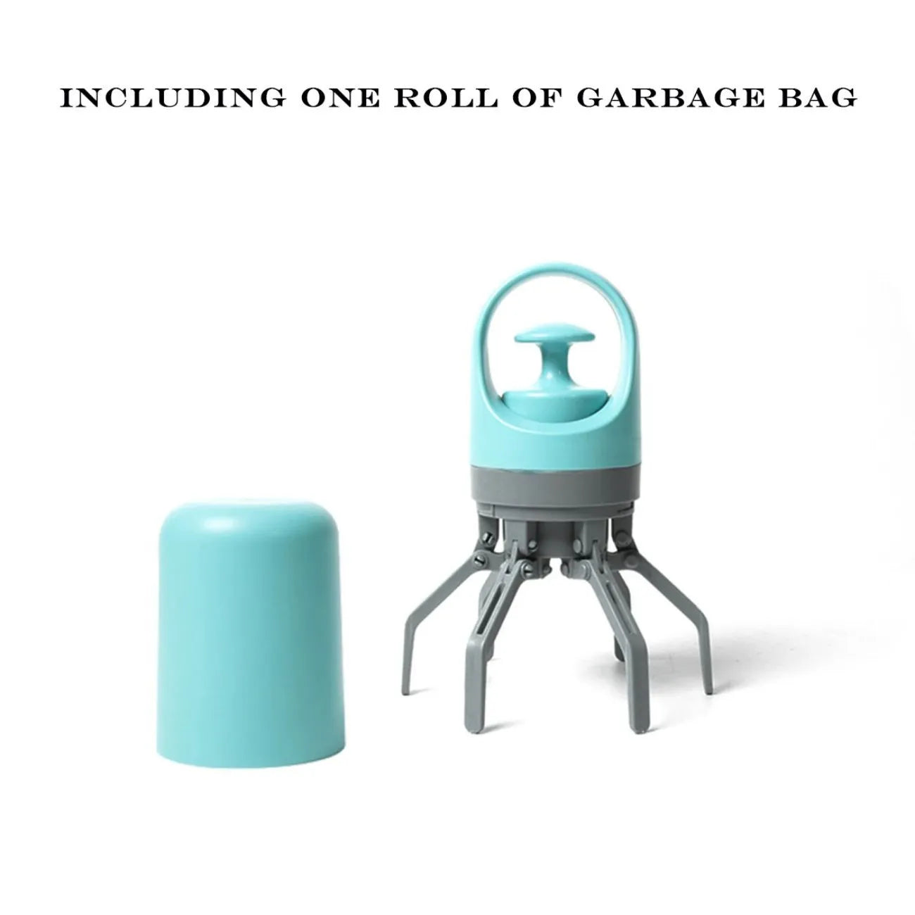 Blue and orange portable dog pooper scooper with claw design and integrated garbage bag dispenser