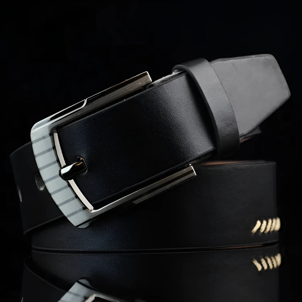 Men's black imitation leather casual belt with threading pattern and an alloy pin buckle.