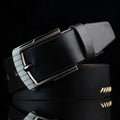 Men's black imitation leather casual belt with threading pattern and an alloy pin buckle.