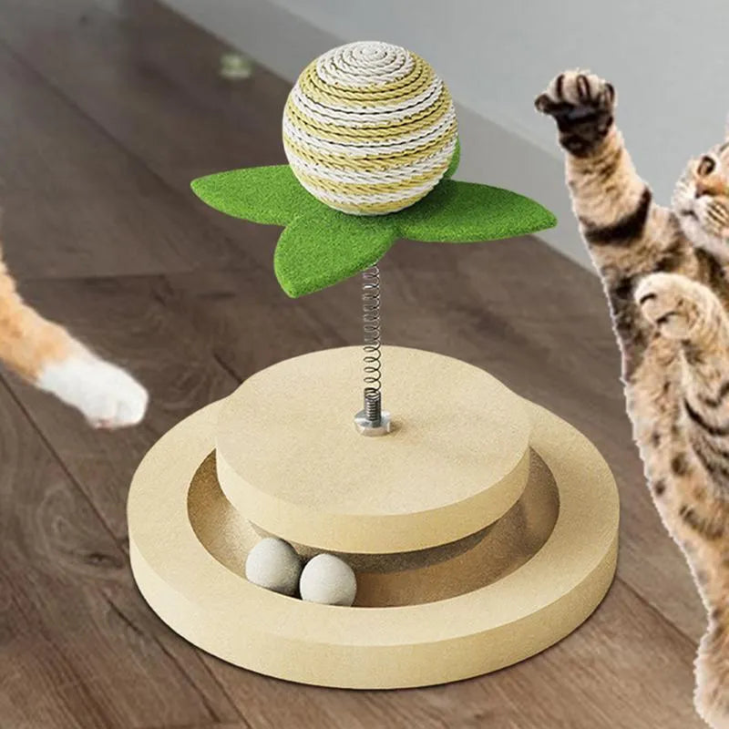 Green sisal scratching pad cat toy with multi-layer circular ball tracks containing rotating balls