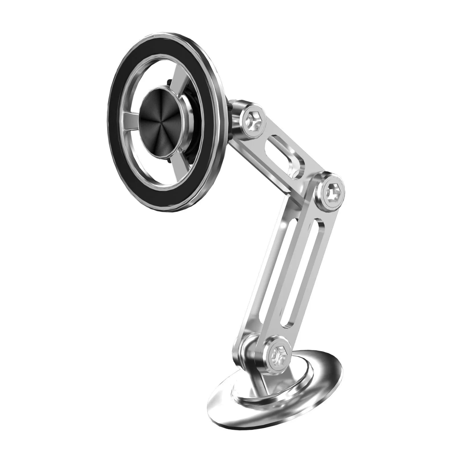 All-metal magnetic car phone holder in black, includes magnetic rings and adhesive pads