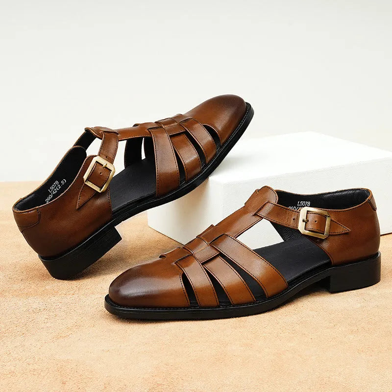 Men's black genuine leather retro business sandals with rubber sole showing size tag