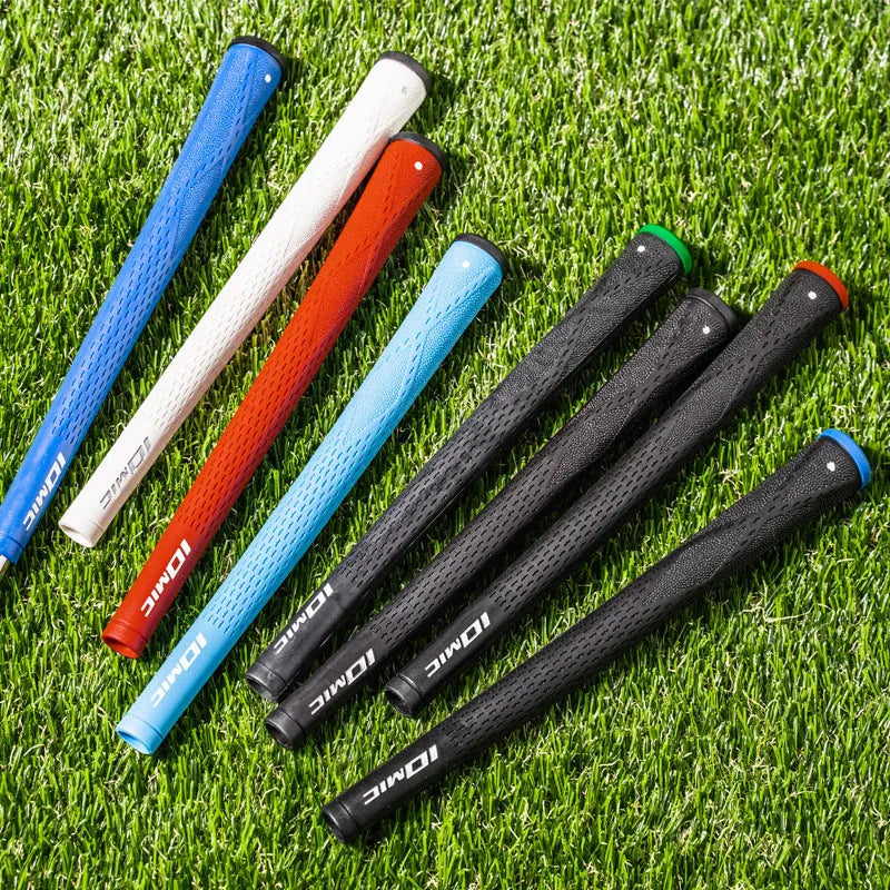 Soft TPE golf club grip shown in various colours including pink, red, blue, white, and black with coloured heads.