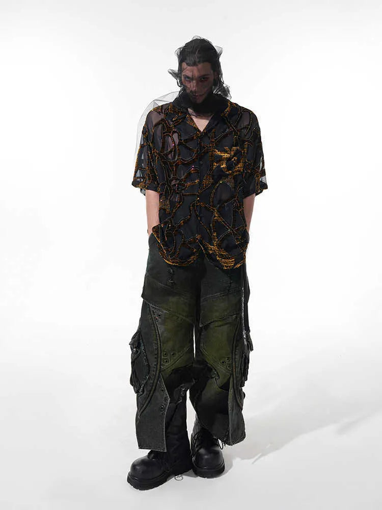 Man's loose fit short-sleeved shirt with translucent black grey snake pattern and lapel collar