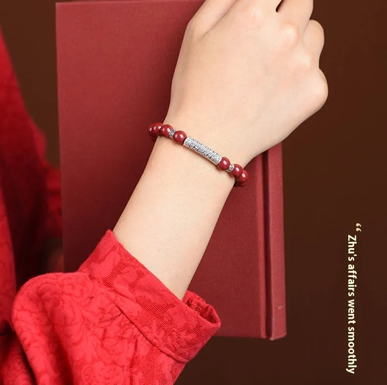 Cinnabar good luck bracelet with purple gold sandstone beads in traditional national style design