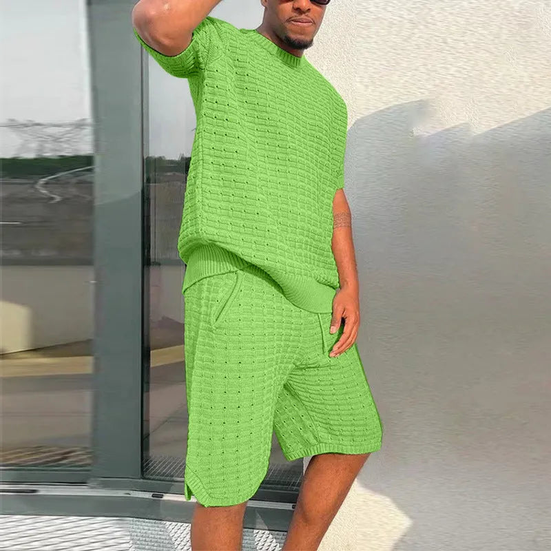 Men's summer suit two-piece outfit with loose fit shirt and shorts in polyester, multiple colours available
