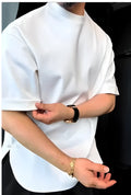 Men's white round hem t-shirt with button neck detail in cotton jersey fabric