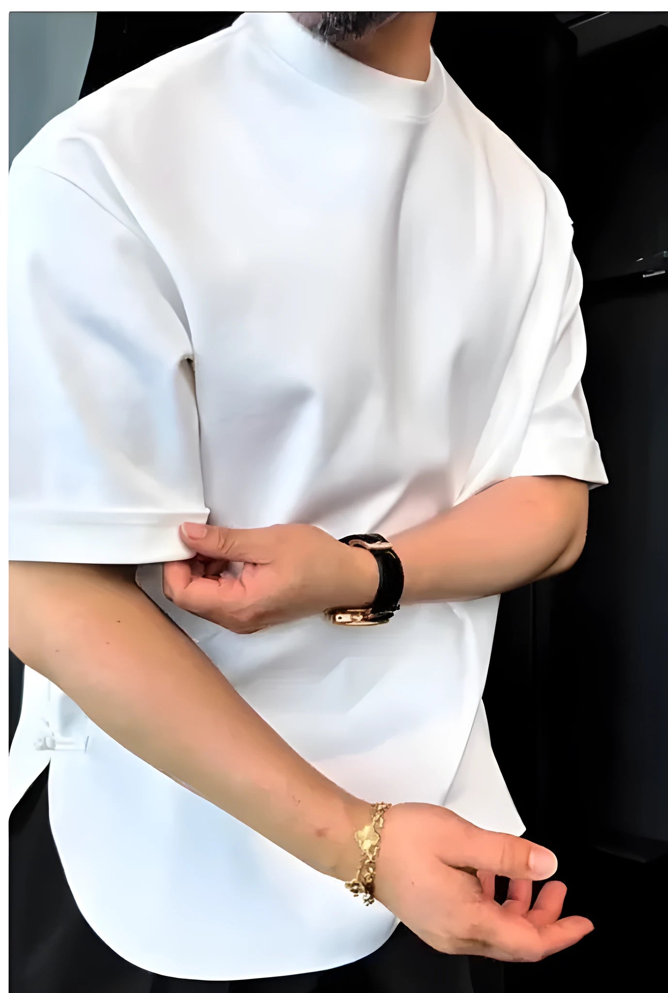Men's white round hem t-shirt with button neck detail in cotton jersey fabric