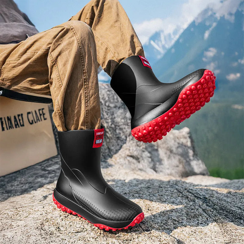 Men's PVC rain boots in black red colour with round toe and non-slip sole