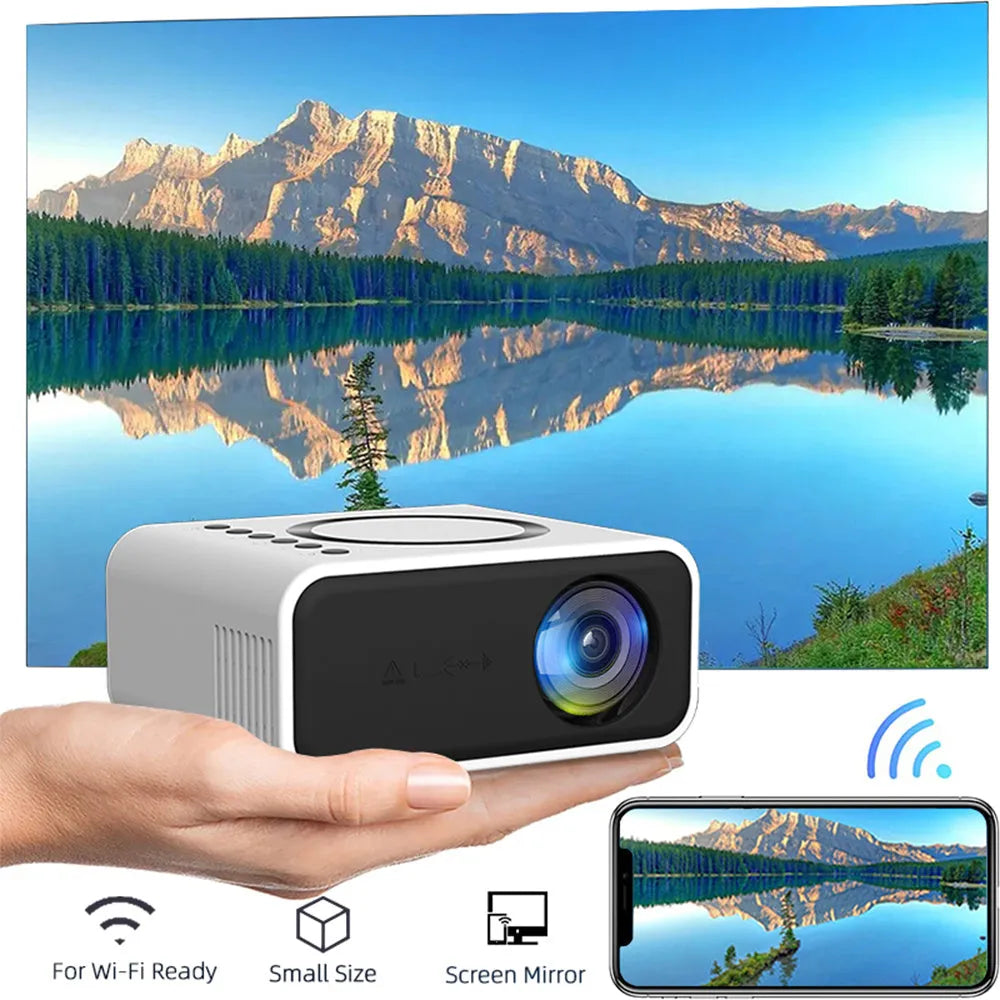 Black YT300 portable mini projector with remote control on a table.