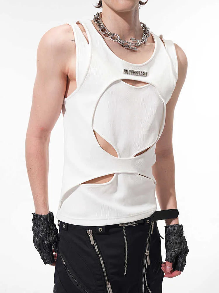 Men's black sleeveless loose-fit waistcoat with hollow thread detail.