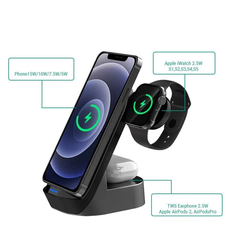 Grey black foldable 3-in-1 wireless charger standing vertically with phone, watch, and earbuds case.
