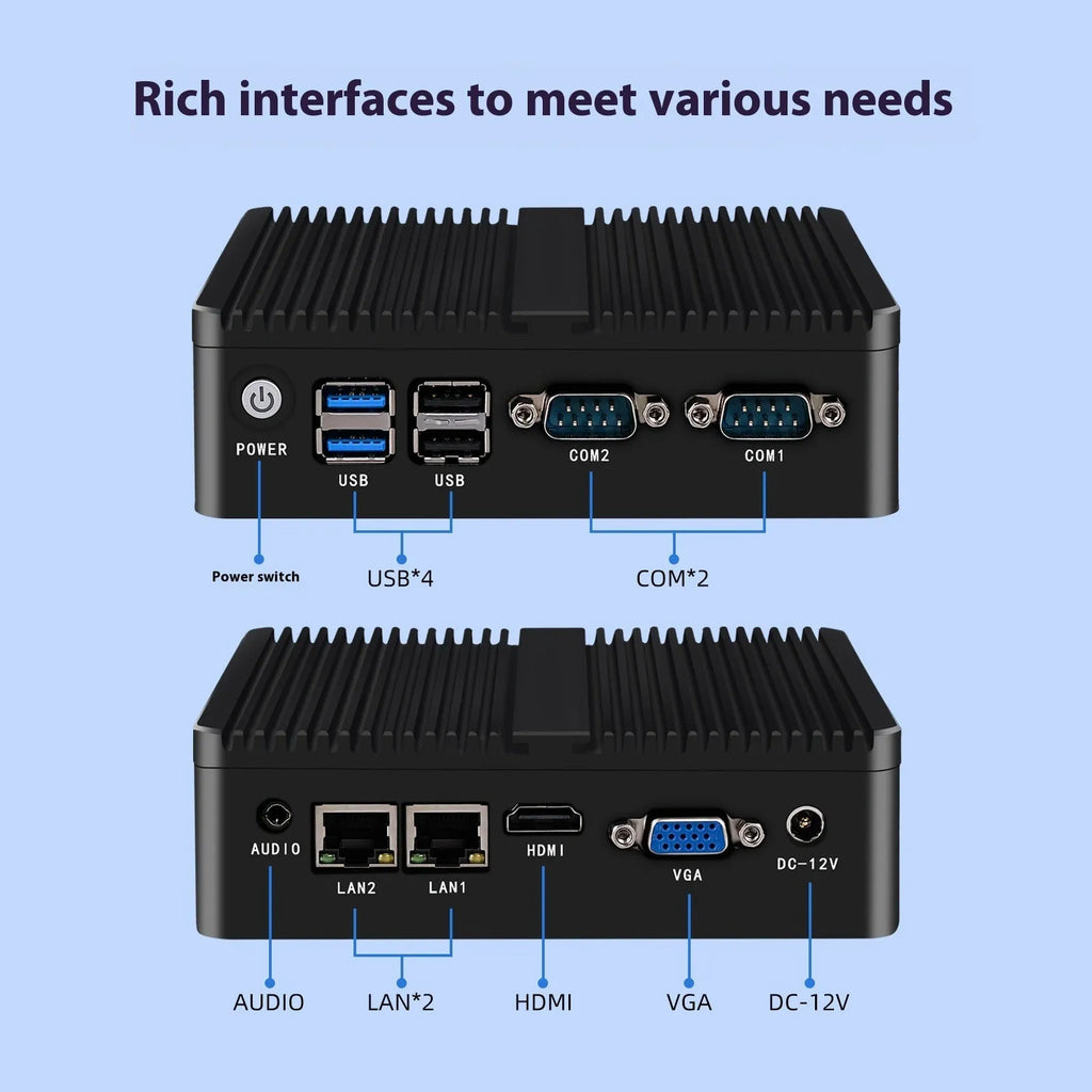 Industrial fanless mini host computer measuring 13.6x12.7x4cm with dual network ports