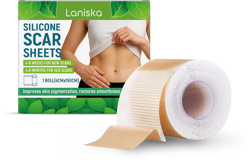 Roll of transparent silicone scar sheet measuring 4cm wide on a skin tone background.