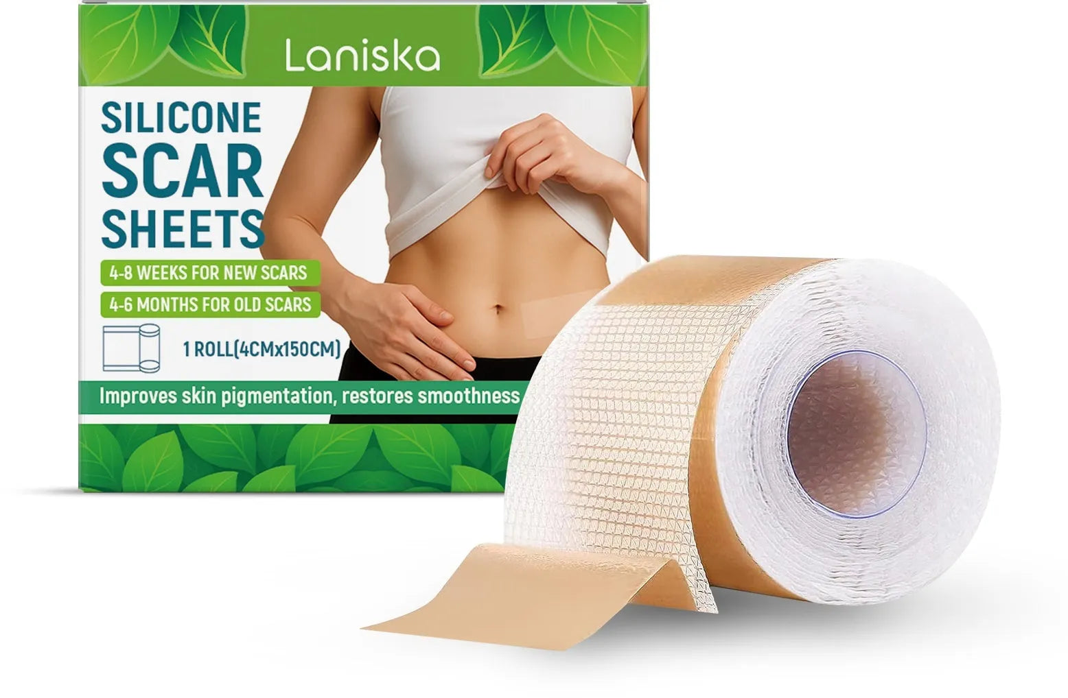 Roll of transparent silicone scar sheet measuring 4cm wide on a skin tone background.