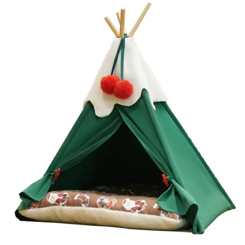 Semi-closed cat house bed with thickened cloth construction in brown and white mat options