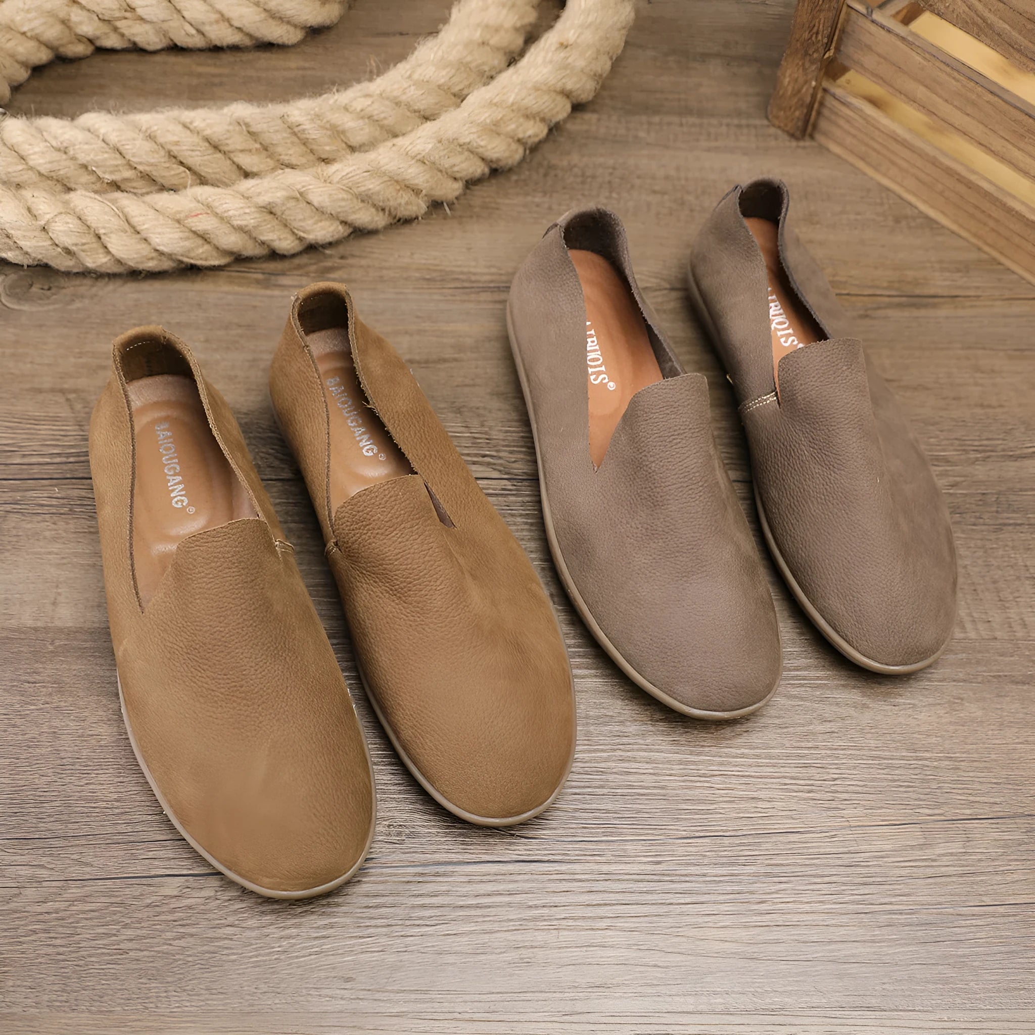 Handmade khaki men's shoes with low-top wedge heel design and cowhide interior