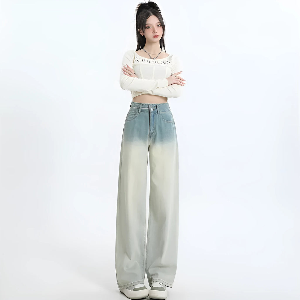 Women's gradient blue cotton denim straight-leg wide-leg trousers laid flat