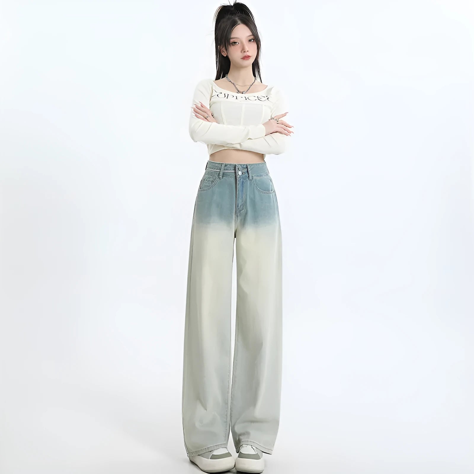 Women's gradient blue cotton denim straight-leg wide-leg trousers laid flat