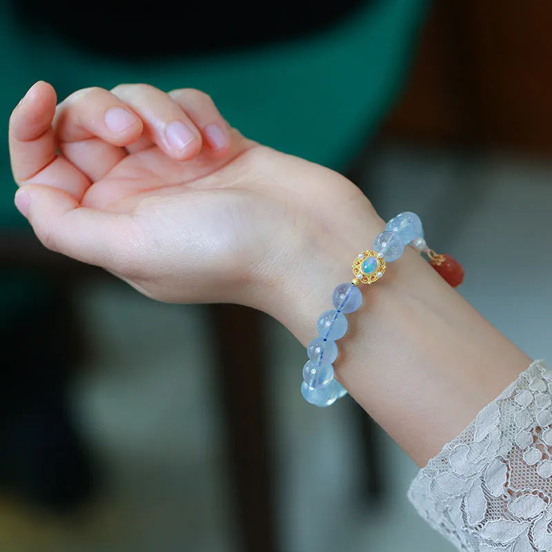 Women's Chinese style Fengjiu DIY aquamarine bracelet with pearl and pink crystal charms