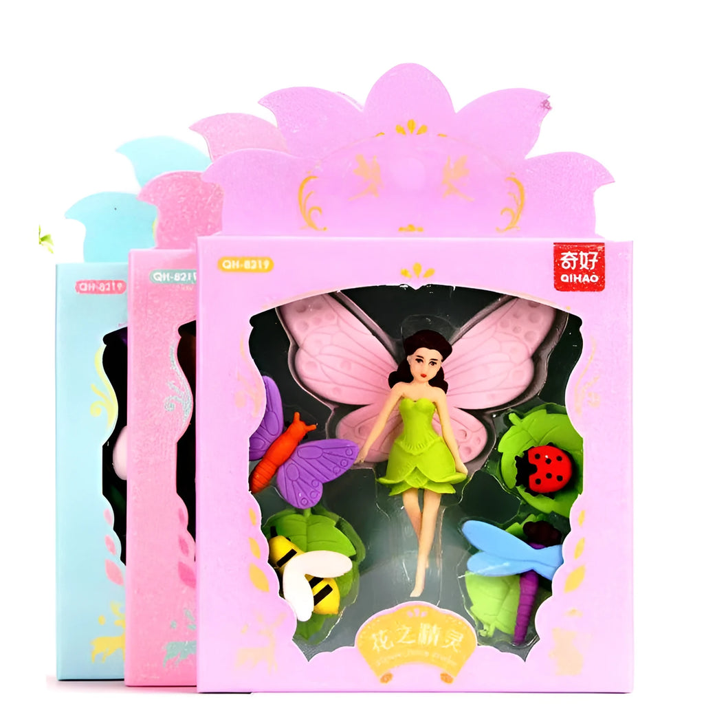 Flower Fairy decorative eraser suit set showing twelve TPR rubber erasers with fairy and mermaid designs