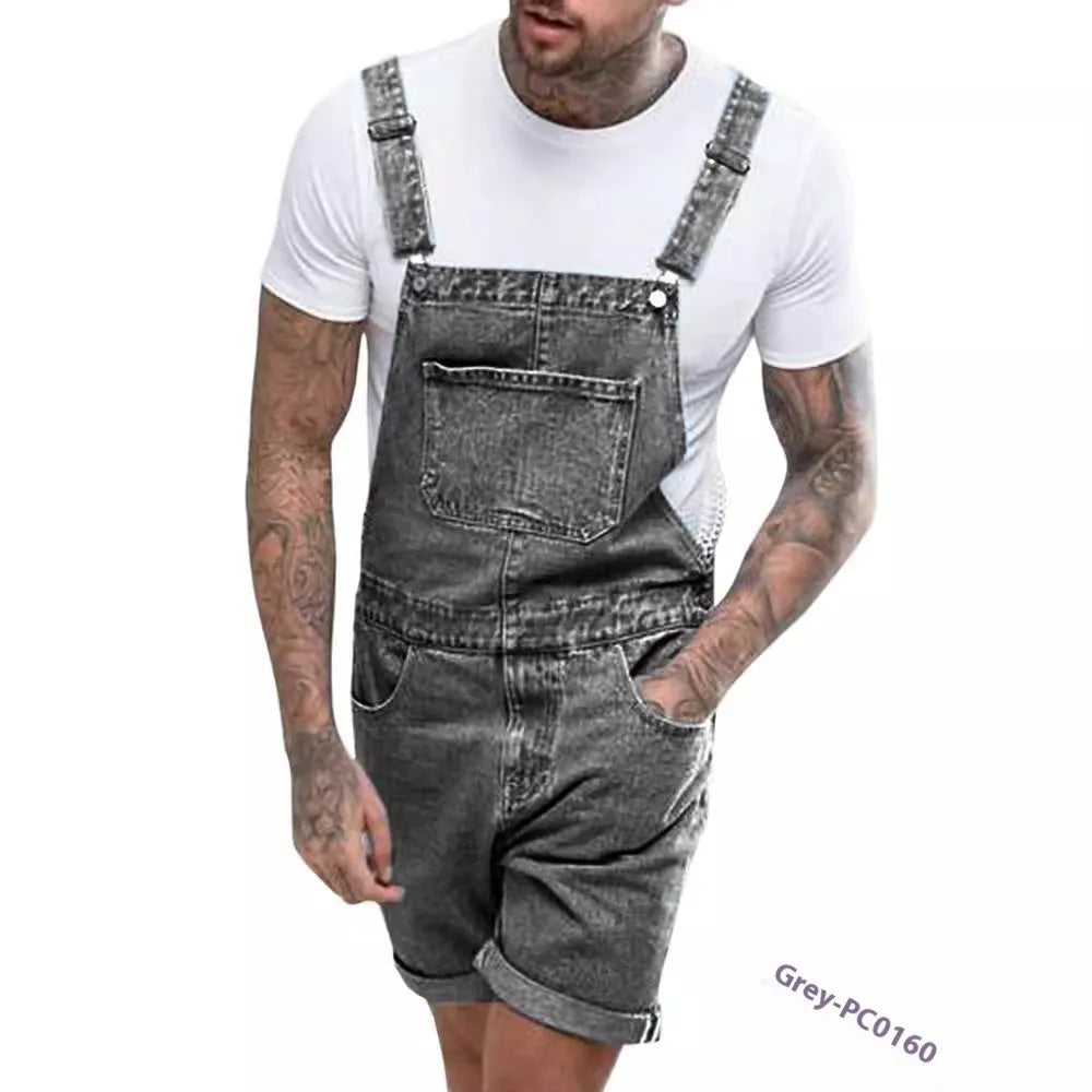 Youth denim suspender pants with elastic waist and shorts length in three colour options