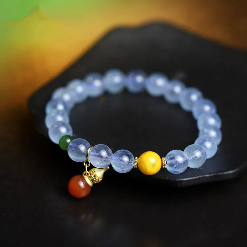 Aquamarine crystal bracelet with 8mm geometric beads in ethnic retro design