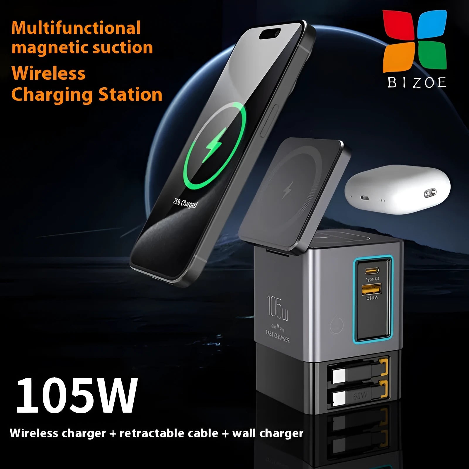 105W black Gallium Nitride magnetic wireless charger with interchangeable UK EU US AU plugs