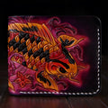 Men's carved leather short wallet in blue, showing open closure and compact size.