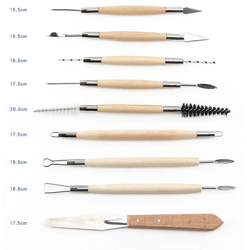 27-piece pottery clay tool set with wooden, stainless steel, and plastic tools in brown roll package