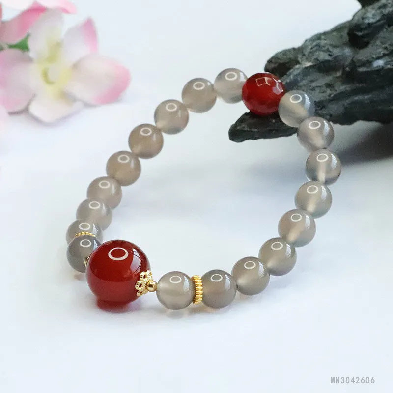 Natural smoky purple chalcedony red agate bracelet with 8mm geometry beads.