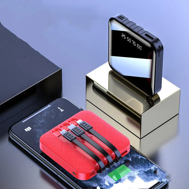 Mirror finish power bank with built-in cable in black or red colour, 80x80x23mm dimensions