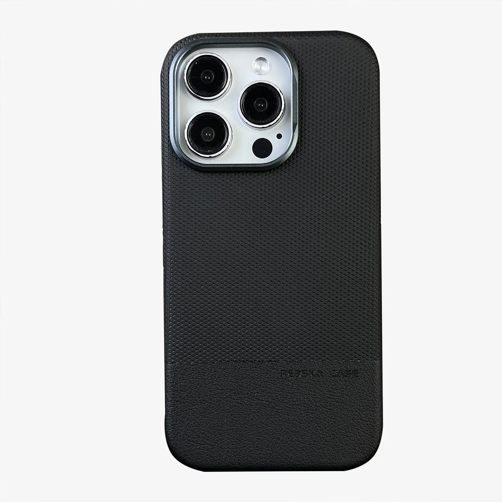 Black magnetic iPhone case with dragon scale texture and leather-like stitching, shown on an iPhone 15 Pro Max.