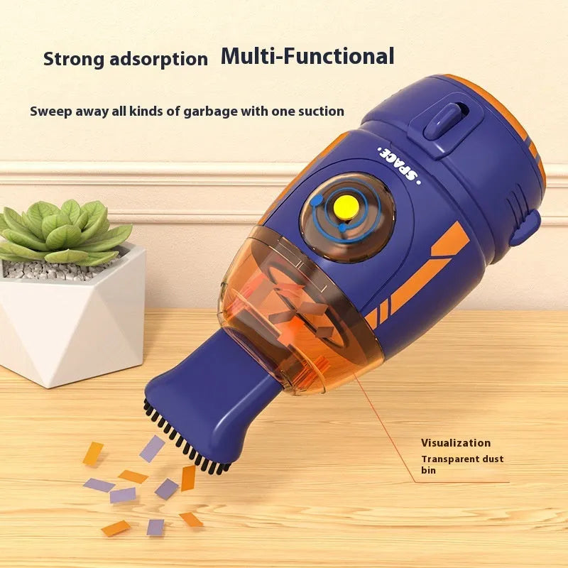 Handheld desktop vacuum cleaner in blue with USB charging cable