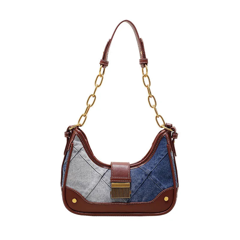 Brown denim women's shoulder bag with diamond mesh chain design and bucket shape