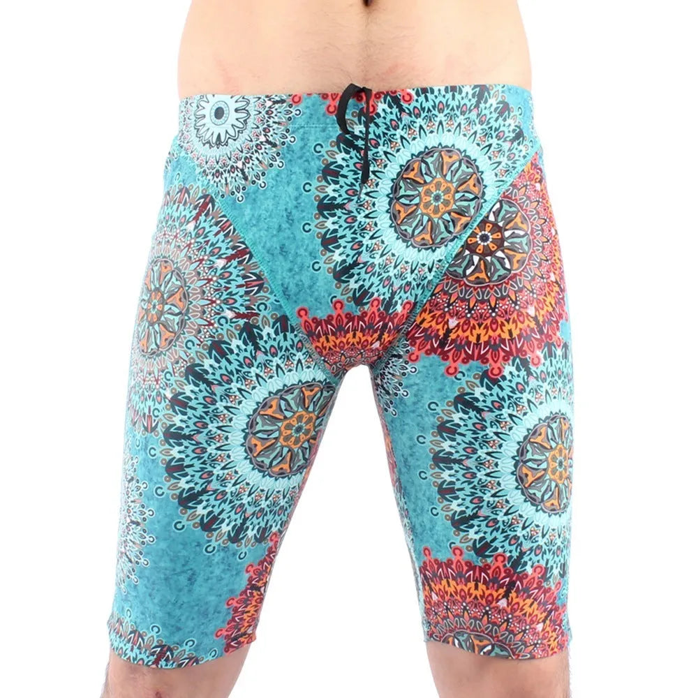 Men's loose five-point swimming trunks in green or navy blue, quick-drying nylon construction with polyester lining