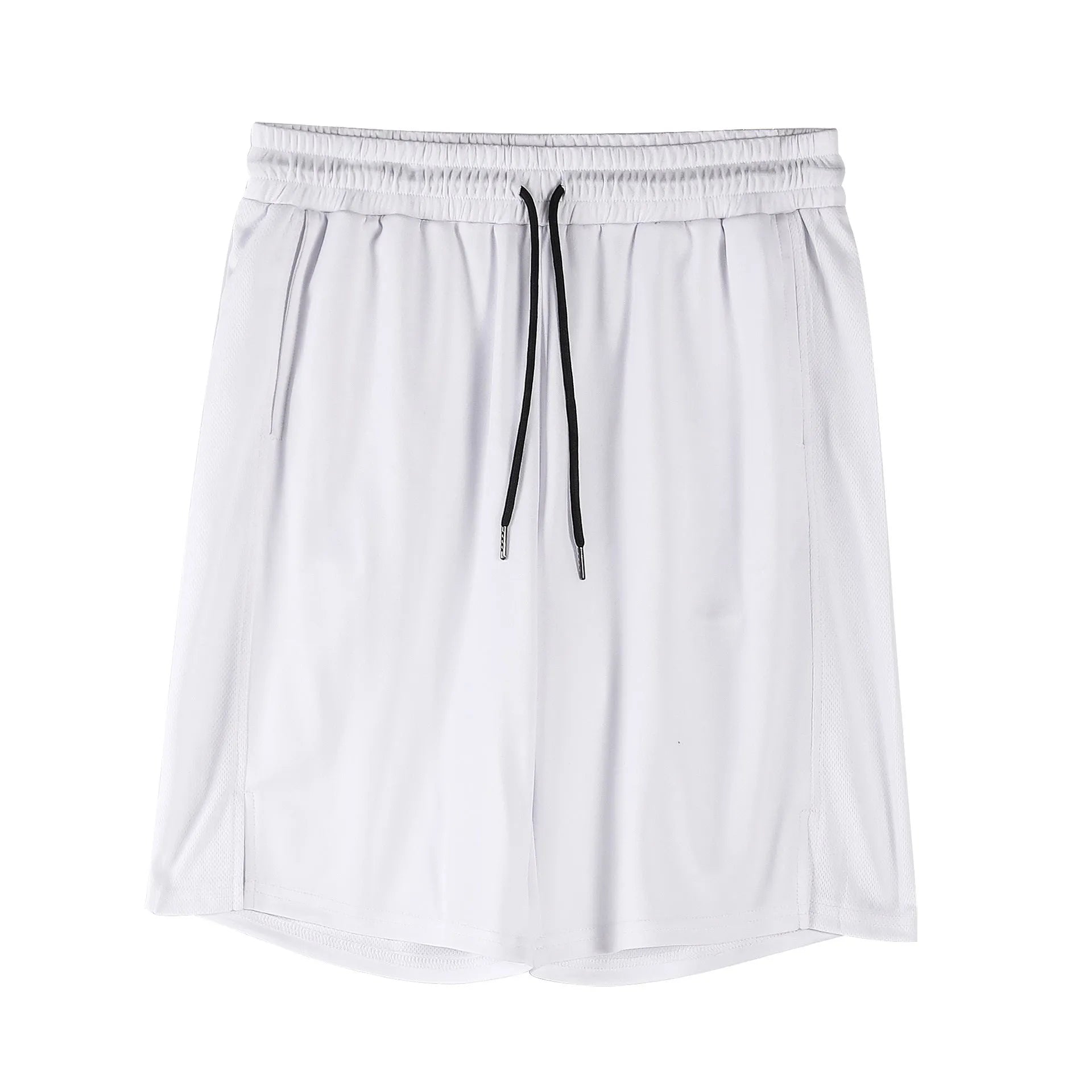 Man wearing loose-fitting black quick-dry mesh fitness shorts with an elasticated waistband.