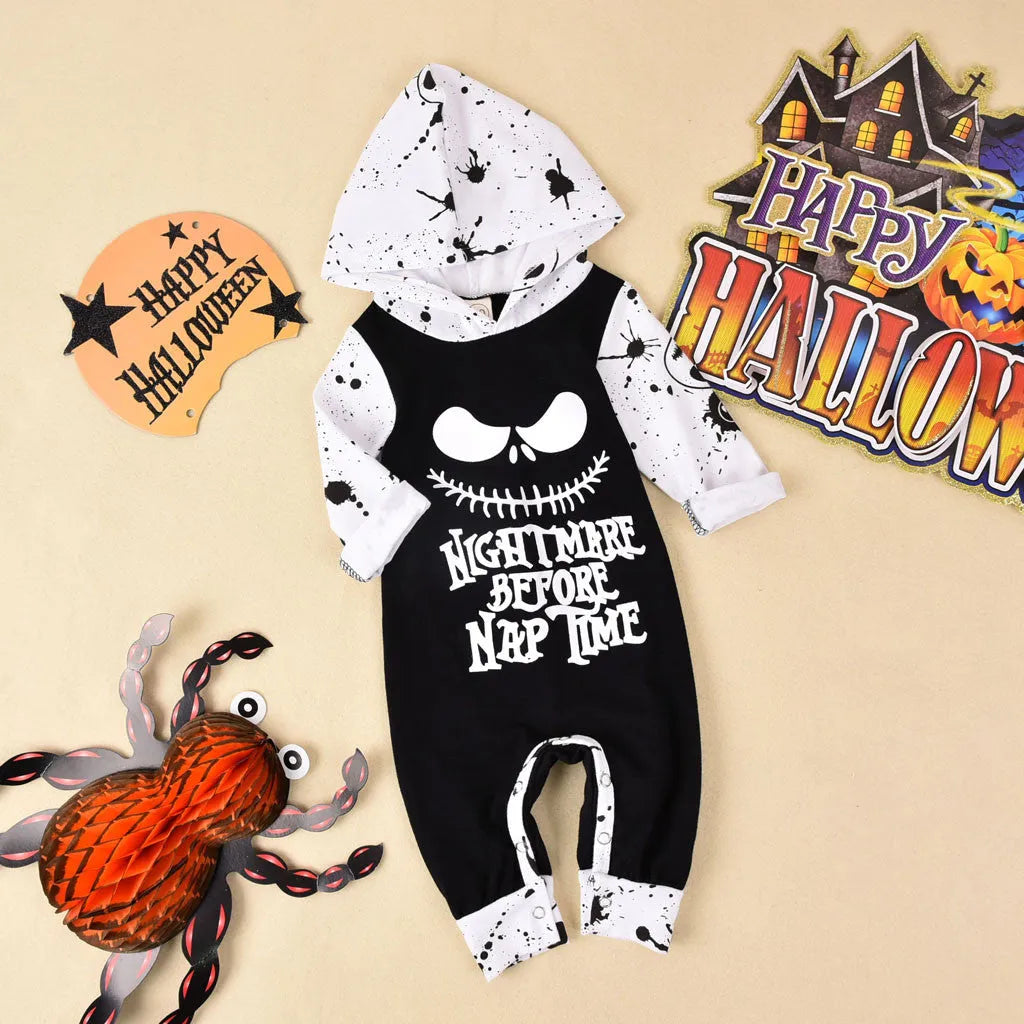Black hooded long sleeve cotton Halloween romper for a child on a hanger.