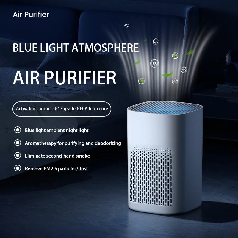 Simple style desktop air purifier unit with USB cable for small room and office use.
